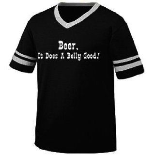 Beer. It Does A Belly Good! Mens Ringer T shirt, Funny Drinking Sayings V neck Shirt, Small, Black/White: Clothing