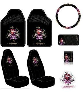 Ed Hardy Love Kills Slowly Seat Covers, Floor Mats, Steering Wheel Cover, CD DVD Visor Organizer, Vent Pocket, Cling Bling Decal 8 pc Auto Accessories Gift Set: Automotive