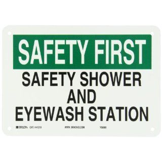 Brady 41218 10" Width x 7" Height B 555 Aluminum, Green and Black on White First Aid Sign, Header "Safety First", Legend "Safety Shower And Eyewash Station": Industrial Warning Signs: Industrial & Scientific