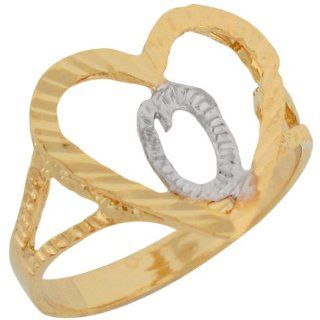 10k Two Tone Gold 1.36cm Fancy Script Letter O Beautiful Heart Initial Ring: Jewelry