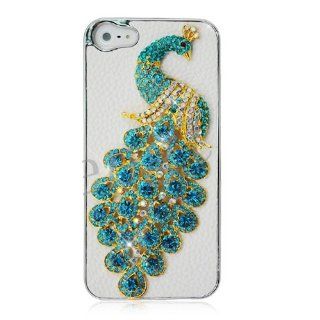 Luxury Designer White Leather Bling Crystal Case with Handmade Blue Peacock for Apple Iphone 5: Everything Else