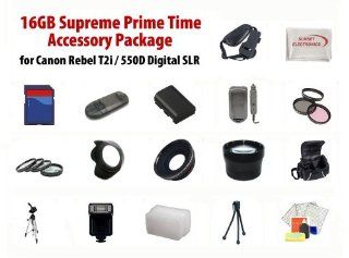 16GB Supreme Prime Time Acessory Package For Canon EOS Rebel T4i 650D T3i T2i 550D Digital Slr Kit Includes 16Gb High Speed Memory Card, 2 Extended Life Batteries, Rapid AC/DC Charger, Digital Flash, Professional Wide Angle Lens, 2X Telephoto Lens, Filter 