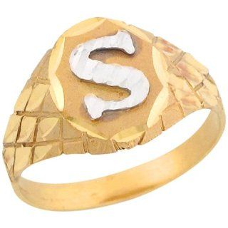 10k Two Tone Gold Diamond Cut Letter S Checkered Design 1.2cm Initial Ring: Jewelry
