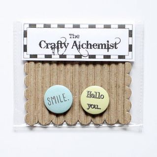 set of two 'smile' and 'hello you' pin badges by the crafty alchemist