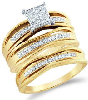 10k Yellow and White 2 Two Tone Gold Mens and Ladies Couple His & Hers Trio 3 Three Ring Bridal Matching Engagement Wedding Ring Band Set   Round Diamonds   Micro Pave Princess Shape Center Setting (.30 cttw) Jewelry