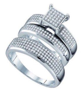 0.63 cttw 10k White Gold Diamond His and Hers Trio Wedding Ring Set Men and Women Matching Wedding Band Sets For Him and Her Micro Pave Trio Set (Real Diamonds: 2/3 cttw, Ring Sizes 4 13): Jewelry
