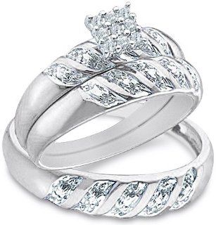 10K Two Tone Gold His & Hers Trio Ring Bridal Matching Engagement Wedding Ring Band Set Round and Princess Cut Diamonds (.09 cttw): Jewelry