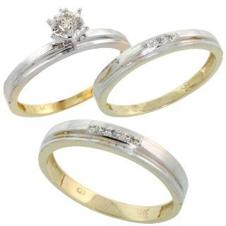 10k Yellow Gold Diamond Trio Wedding Ring Set His 4mm & Hers 3mm, Men's Size 8 to 14: Jewelry