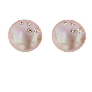 Inlaid Cubic Zirconia with Mauve Coin Freshwater Cultured Pearl Stud Earrings with Sterling Silver Clutch Backs (14 15mm): Jewelry