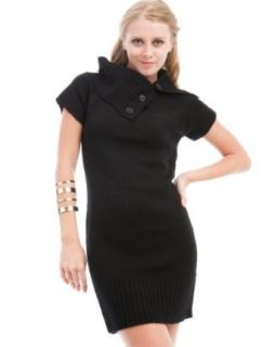 247 Frenzy Button Collar Sweater Dress   Black (Small) at  Womens Clothing store