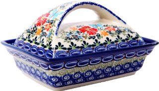 Polish Pottery Ceramika Boleslawiec, 0352/238, Butter Dish Deep, 2 Cubes, Royal Blue Patterns with Red Cornflower and Blue Butterflies Motif: Kitchen & Dining
