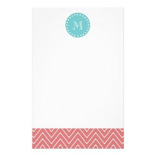 Peach Chevron Pattern  Teal Monogram Customized Stationery