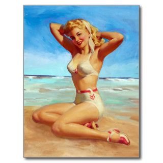 Basking on the Beach Pin Up Post Card