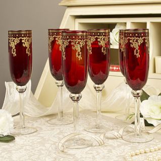 red and gold celebration champagne flutes set by dibor