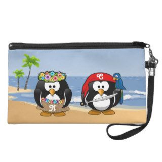 Tropical Penguins Couple Hula Pirate Island Beach Wristlet Clutch