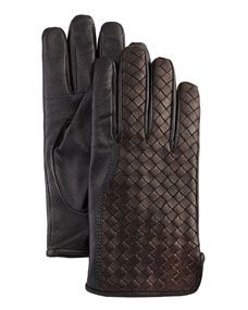 Bottega Veneta Mens Woven Leather Gloves, Black/Brown