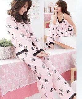Queen's Park Women Cotton Pajamas Spring and Autumn Roses Parure Strap Pink Pajamas (L code (161 165cm): coat bust 100cm Length 64cm, pink): Beauty
