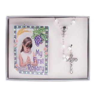 White Tiger's Eye First Communion Rosary w/Rosary Prayer Card: Jewelry