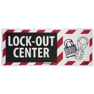 NMC SA148R Lockout Tagout Sign, Legend "LOCK OUT CENTER" with Graphic, 17" Length x 7" Height, Rigid Plastic, White/Red on Black: Industrial Warning Signs: Industrial & Scientific