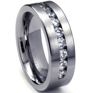 8 MM Men's Titanium ring wedding band with 9 large Channel Set CZ: Jewelry