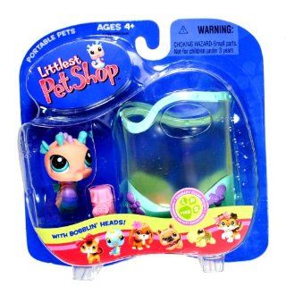 Hasbro Year 2005 Littlest Pet Shop Portable Pets "Squeaky Clean Pets" Series Collectible Bobble Head Pet Figure Set #142   Pink Seahorse with "Aquarium" and "Food" (51839): Toys & Games