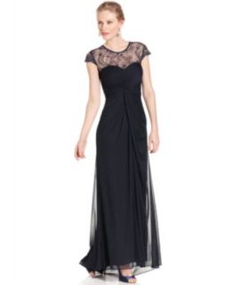Betsy & Adam Petite Dress, Sleeveless Belted Lace Gown   Dresses   Women