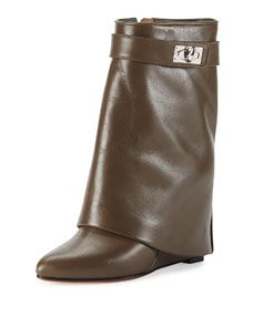Givenchy Leather Shark Lock Ankle Bootie, Khaki