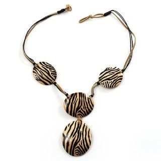 Zebra Print Wooden Disk Leather Cord Necklace (Black&Beige): Choker Necklaces: Jewelry