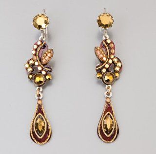 Enchanting Dangle Earrings by Adaya Set with Beige and Gold Round and Tear Drop Swarovski Crystals and Beads; Designed by Israeli Artist Maya Rayten: ADAYA: Jewelry