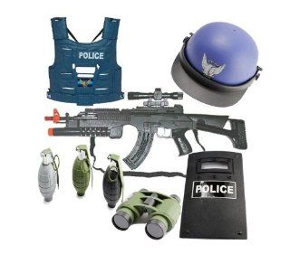 Electronic KA Combat Sniper Machine Gun/Grenade Launcher Toy Gun with sound and Lights, Swat Police Vest, Police Helmet, 3 realistic toy grenades, Zooming binoculars, Riot Shield: Toys & Games