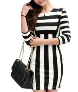 Vobaga Women's Celebrity Black White Striped 3/4 Sleeve Slim Bodycon Mini Dress at  Womens Clothing store