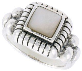 Sterling Silver Oxidized Ring, w/ 8mm Square shaped Mother of Pearl, 1/2" (13mm) wide, size 8: Jewelry