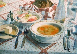 Vegetable Soup, Giclee Print of Watercolor Still Life, Still Life with Soup, Salad, and Bread, 15 X 19 Inches   Watercolor Paintings