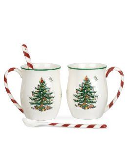 Spode Dinnerware, Set of 2 Christmas Tree Peppermint Mugs with Spoons: Kitchen & Dining
