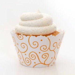 Gold & White Swirls Cupcake Wrapper   Set of 12   Elegant, Simple Decorating Supplies for Designer Cupcakes: Kitchen & Dining