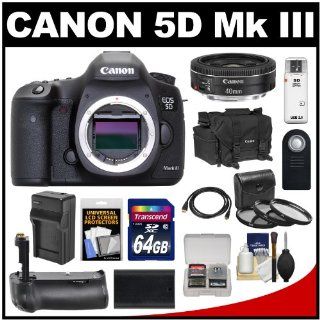 Canon EOS 5D Mark III Digital SLR Camera Body with 40mm f/2.8 STM Lens + 64GB Card + Grip + Battery & Charger + Case + Filters Kit : Camera & Photo