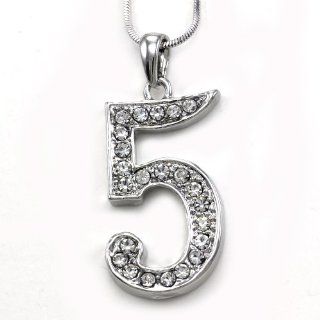 Number Charm 5 Five Pendant Necklace Clear Rhinestones Ladies Mens Fashion Jewelry: Jewelry