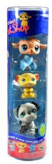Hasbro Year 2007 Littlest Pet Shop Tube "Winter Season" Series 3 Pack Bobble Head Pet Figure Set #63439   Light Brown Baby Lamb (#447) with Scarf, Yellow Mouse (#448) and Grey Bulldog (#446): Toys & Games