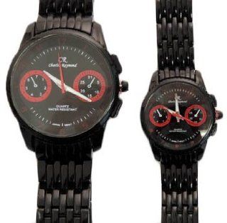 Charles Raymond His & Hers Designer Watches Black Bracelet, Black Face with Red Accents Watch Set: Watches