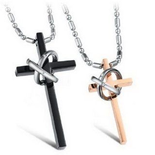JBlue Jewelry Men,Women's 2PCS Stainless Steel Pendant Necklace CZ Silver Gold Black Cross Ring Love Valentine's Couples His & Hers Set with 20 and 23 inch Chain (with Gift Bag): Jewelry