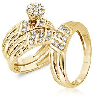 Size   4   14k Yellow Gold Diamond Mens and Ladies Couple His & Hers Trio 3 Three Ring Bridal Matching Engagement Wedding Ring Band Set Invisible Channel Set Solitaire Style Center Setting with Side Stones Round Cut Diamond Ring (1.00 cttw, G   H Color