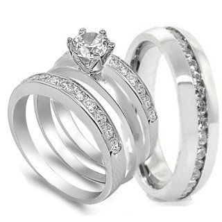 4 pcs His and Hers STAINLESS STEEL wedding engagement ring set (Size Men's 11 Women's 6): Jewelry