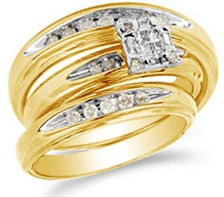 14K Two Tone Gold Brown Chocolate Diamond Mens and Ladies His & Hers Trio 3 Three Ring Matching Engagement Wedding Ring Band Set   Square Princess Shape Center Setting w/ Channel Set Round Diamonds   (2/5 cttw)   SEE "PRODUCT DESCRIPTION" TO 