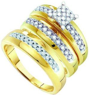 10k Yellow Gold Natural Round Diamond Square shape Cluster Womens Men His + Hers Matching Trio Wedding Engagement Bridal Ring & Anniversary Band Set   .33 (1/3) Ct.t.w.: Jewelry