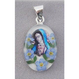 Oval Sterling Silver Our Lady of Guadalupe Pendant with Real Flowers   Blue   1 inch Pendant Necklaces Jewelry