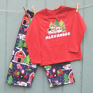 santas farm personalised long sleeved pyjama by kushdi for kids