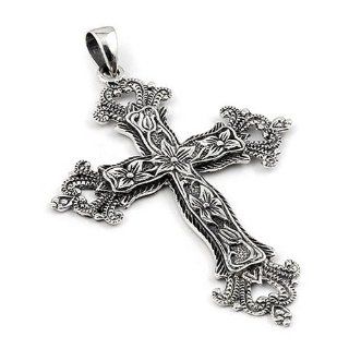 2.5 Inches Large Antique Look Decorated Sterling Silver Cross Pendant: Large Cross Necklace: Jewelry