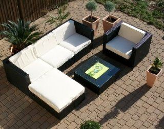 Lounge Wohnlandschaft Sofa Sessel Tisch Hocker Rattan Polyrattan Geflecht Gartenmbel schwarz Manhattan: Garten