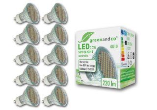 10er Pack greenandco GU10 LED Spot 3,2W / 220lm / 3000K (warmwei) / 60 x 3528 SMD LED / 120 Abstrahlwinkel / 230V AC / mit Schutzglas: Beleuchtung