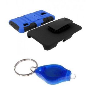 Blue and Black Dual Layer Hybrid Tuff Armor Kickstand Hard Gel Case + Swivel Belt Clip Holster + Atom LED Keychain Light for LG Optimus F6: Cell Phones & Accessories